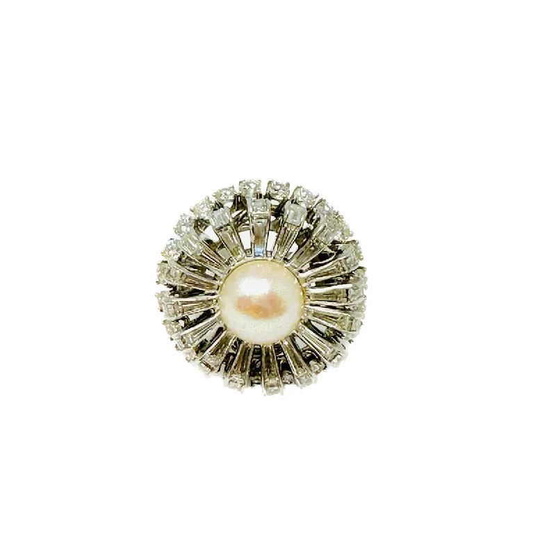 moonstone rings for women -Platinum Crown Style Ring with Pearl and Diamonds