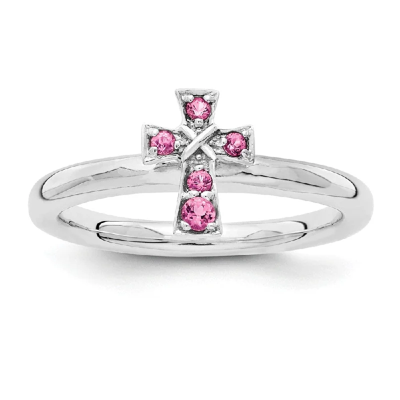 open rings for women -Rhodium Sterling Silver Stackable Pink Tourmaline 9mm Cross Ring