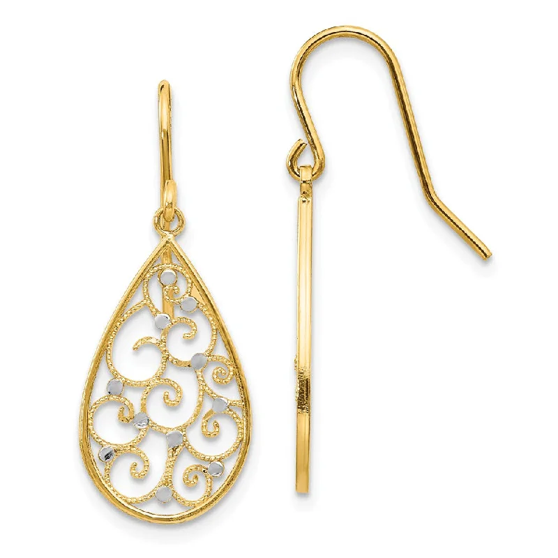 floral stud earrings for women -Open Scroll Teardrop Earrings in 14k Yellow Gold and Rhodium