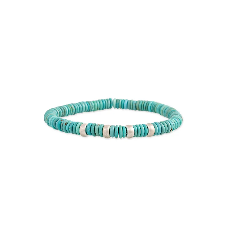 high-end bracelets for women -4 SPACED OUT STERLING SILVER BEADS + TURQUOISE BEADED STRETCH BRACELET