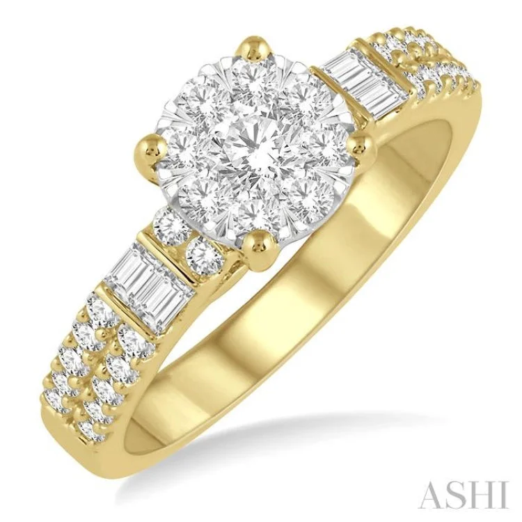 white gold engagement rings -7/8 Ctw Round and Baguette Diamond Lovebright Engagement Ring in 14K Yellow and White gold