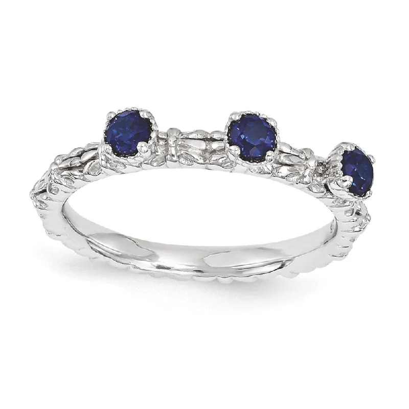 minimalist rings for women -Sterling Silver Stackable Created Sapphire Round Three Stone Ring