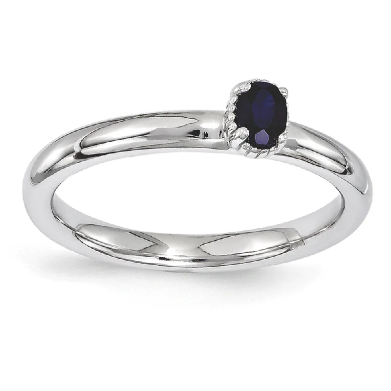 cubic zirconia solitaire rings -Sterling Silver Stackable Created Sapphire Oval Single Stone Ring