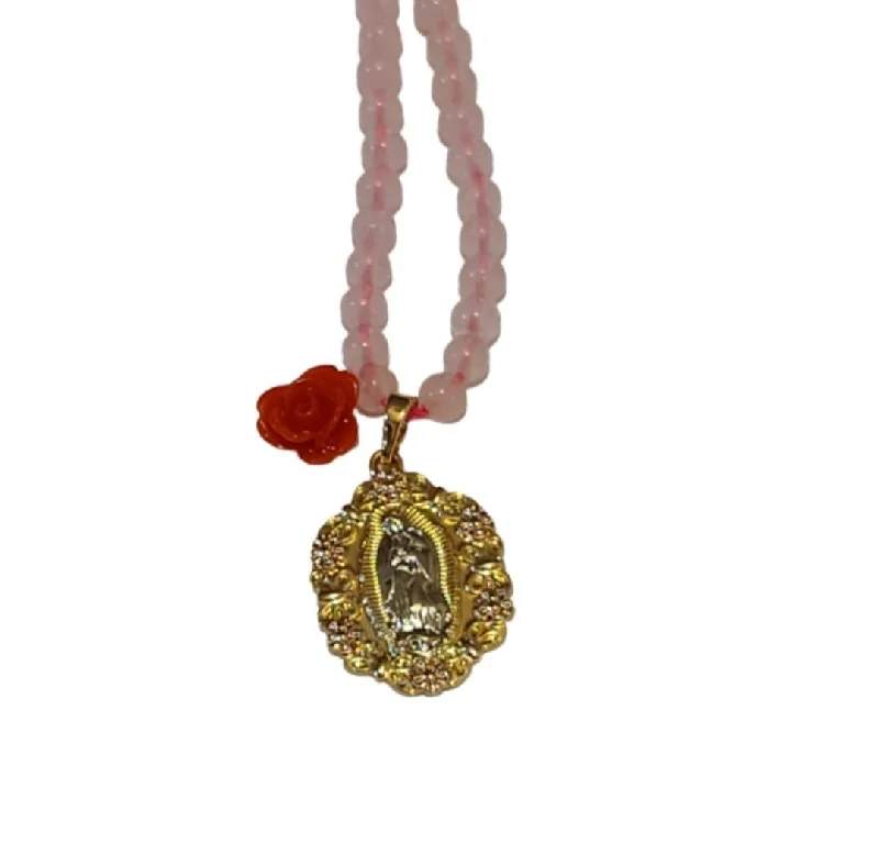 thin layering necklaces for women -Rose Quartz Virgen Necklace