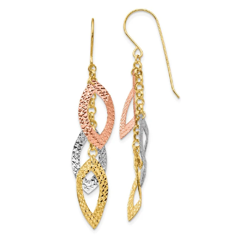 bold fashion earrings for women -Tri Color Diamond Cut Dangle Earrings in 14k Gold