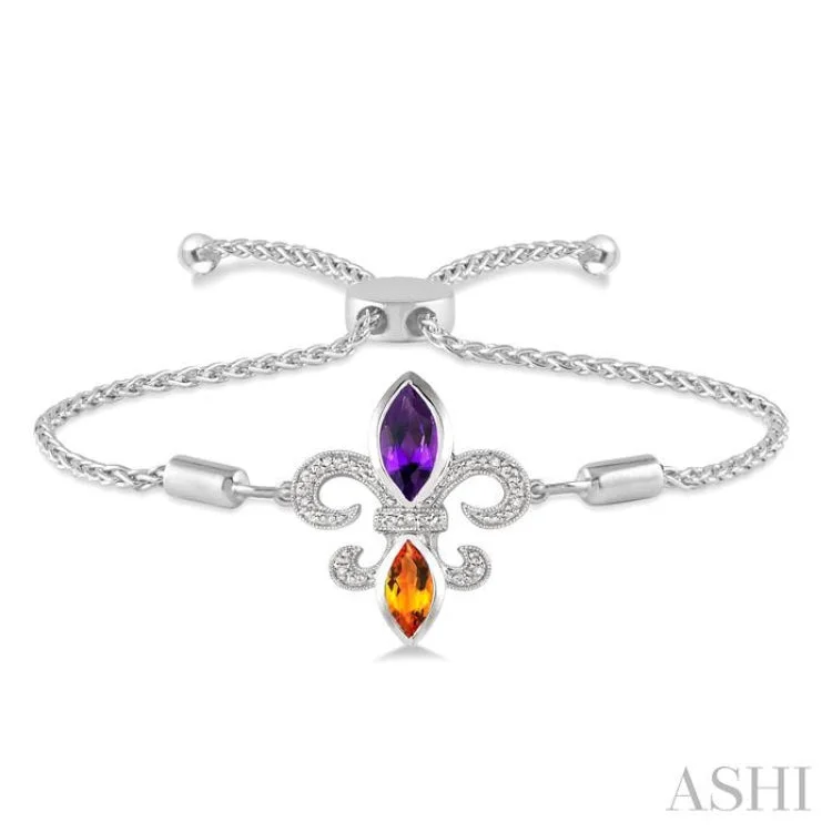 white gold bracelets for women -1/20 Ctw Marquise 10x5mm Amethyst & 8x4mm Citrine Round Diamond Fleur De Lis Sterling Silver Lariat Bracelet