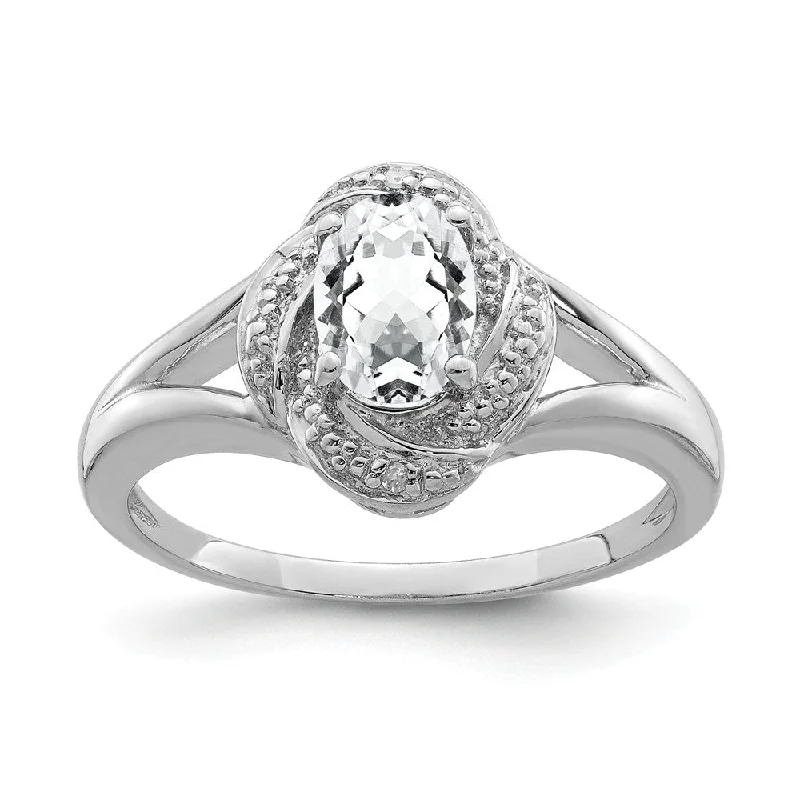 double-band rings for women -Sterling Silver .01 Ctw Diamond and Oval White Topaz Ring