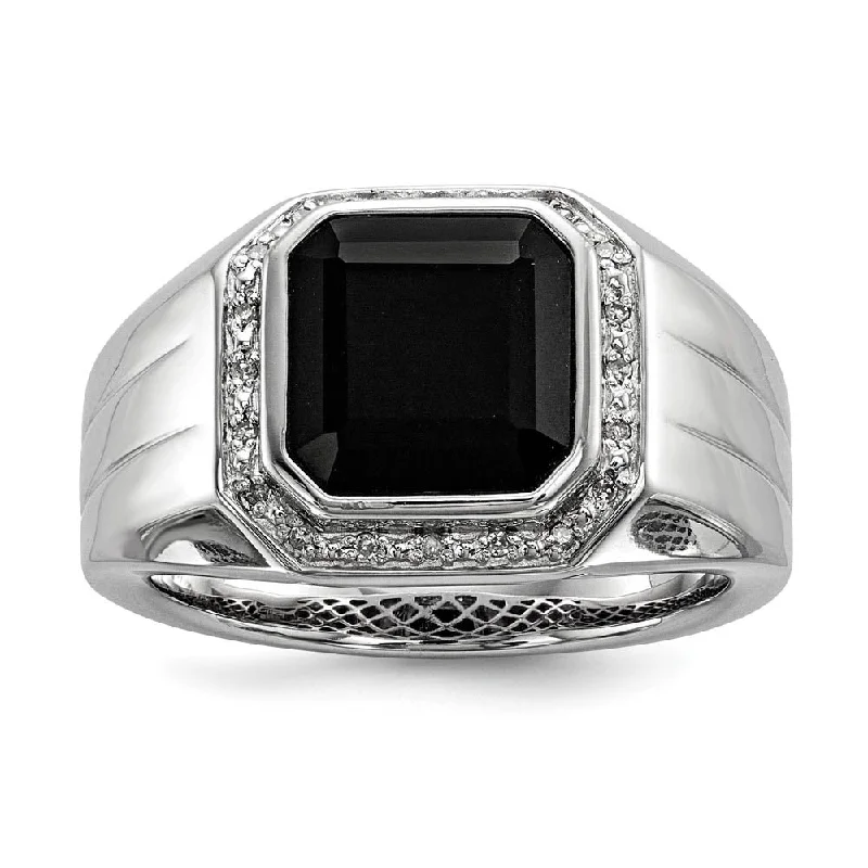 thick silver rings for women -Diamond & Black Onyx Octagon 16mm Tapered Ring in Sterling Silver