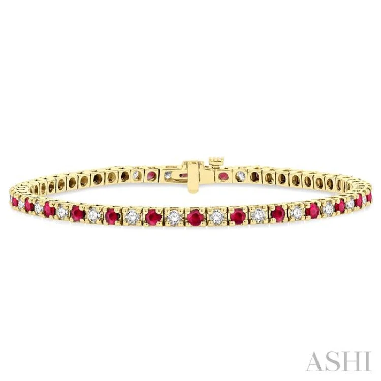 boho bracelets for women -1 1/2 ctw Square Box Link 2.5MM Ruby and Round Cut Diamond Precious Tennis Bracelet in 14K Yellow Gold