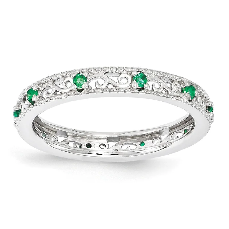 moon rings for women -3mm Sterling Silver Stackable Expressions Created Emerald Scroll Band