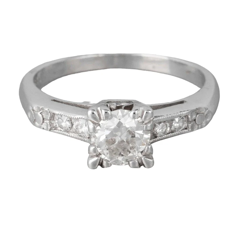 aesthetic engagement rings -Antique Art Deco 14k White Gold Diamond Bridal Engagement Ring 0.85ctw