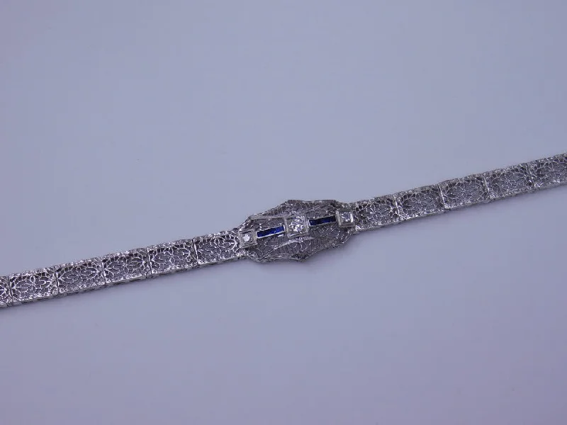 tiny layering bracelets for women -14K ART DECO DIAMOND AND BLUE STONE BRACELET