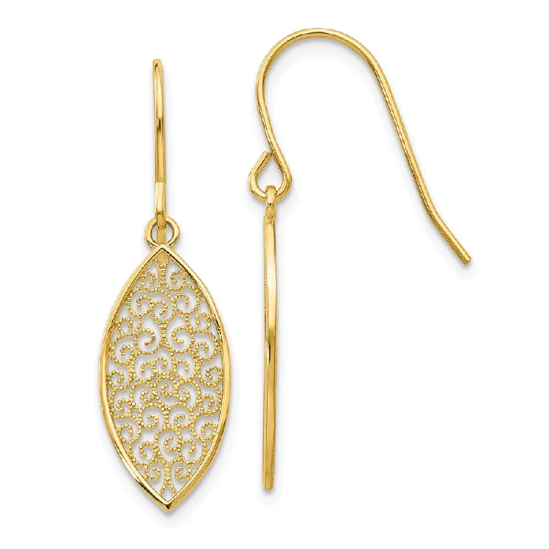 handcrafted earrings for women -Marquise Filigree Dangle Earrings in 14k Yellow Gold