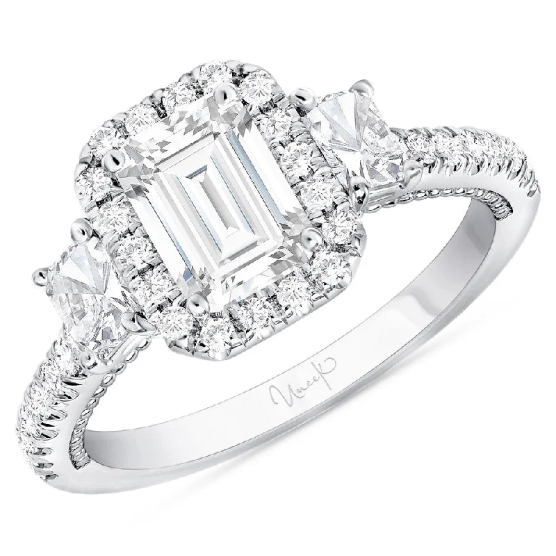 vintage-inspired engagement rings -Uneek Us Collection 3-Stone-Halo Radiant Engagement Ring