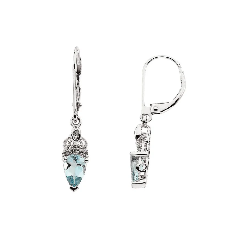 classic solitaire earrings for women -Aquamarine and Diamond Lever Back Earrings in 14k White Gold