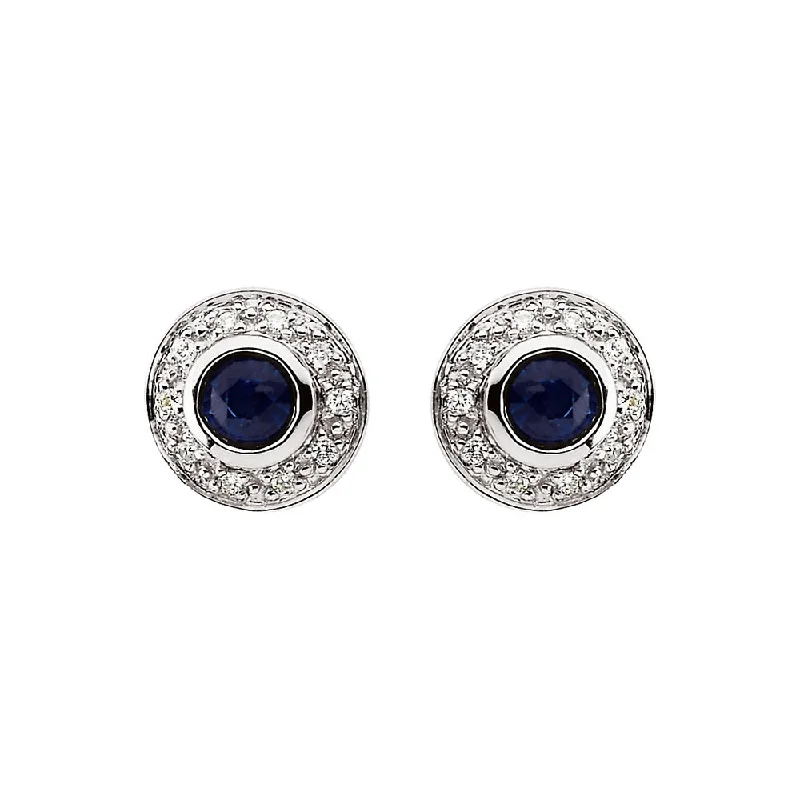 trendy earrings for women -Genuine Sapphire & Diamond Halo Style Post Earrings in 14k White Gold