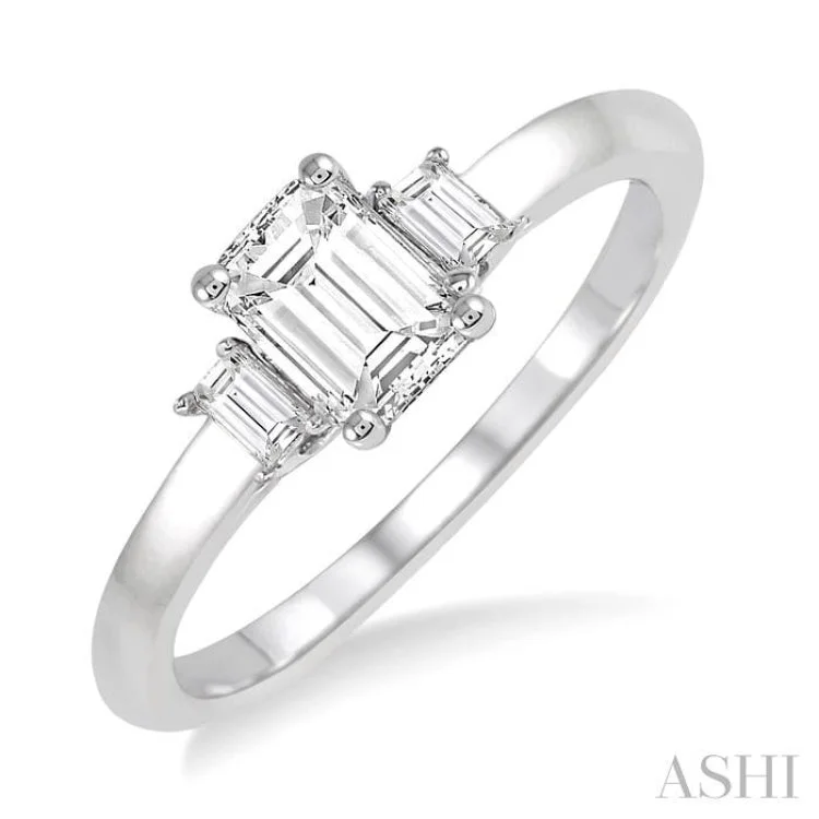 eco-friendly engagement rings -5/8 Ctw Emerald and Baguette Diamond Engagement Ring with 1/2 Ct Emerald cut Center Stone in 14K White Gold