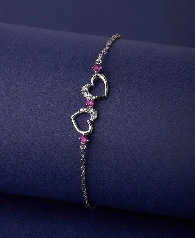 chain bracelets for women -Heart Stone Studded Silver Bracelet