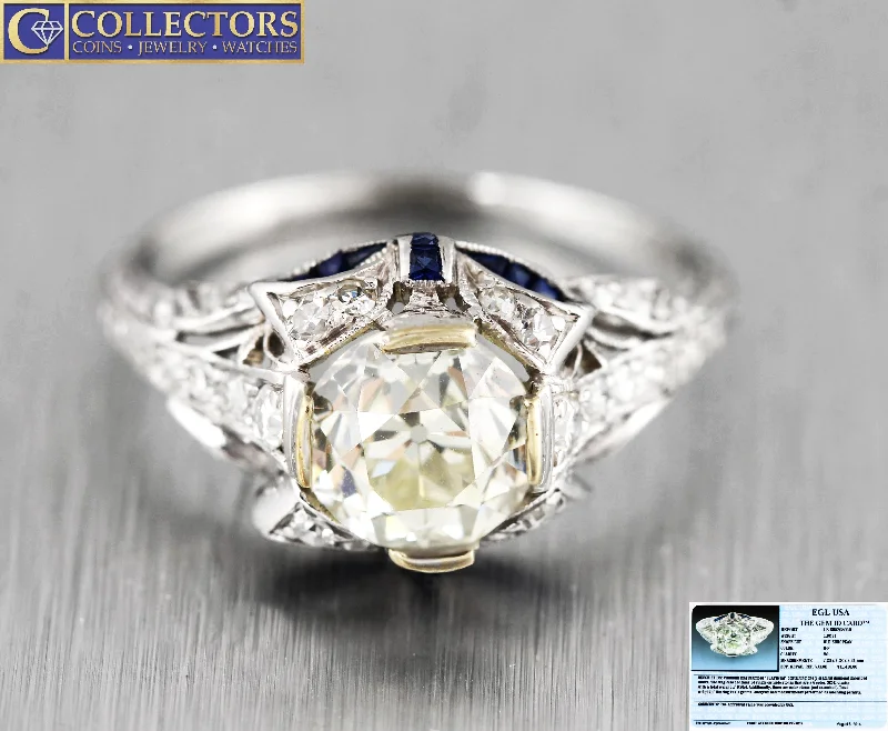 designer engagement rings -Ladies Antique Art Deco Platinum 2.12ctw Diamond Sapphire Engagement Ring EGL