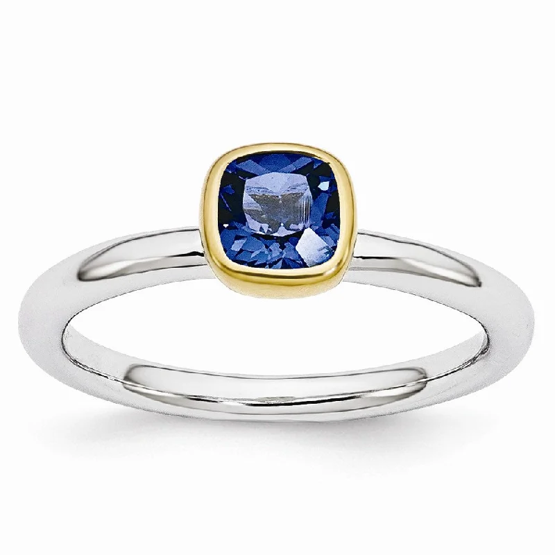 big statement rings for women -Two Tone Sterling Silver Stackable 5mm Cushion Created Sapphire Ring