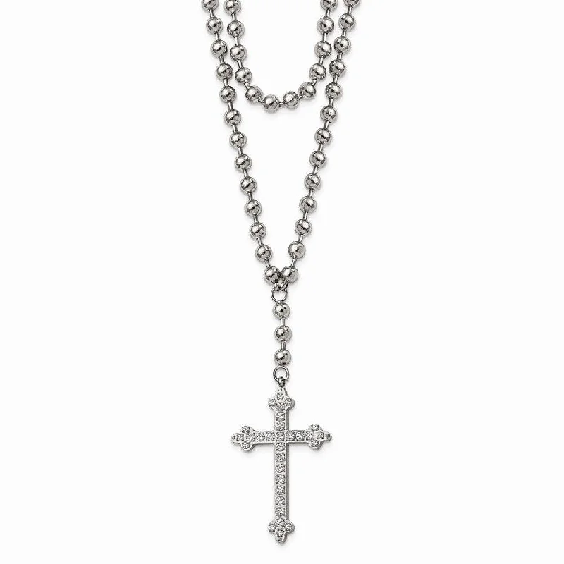 simple chain necklaces for women -Stainless Steel Polished Cross w/Crystal Two Bead Chain Necklace