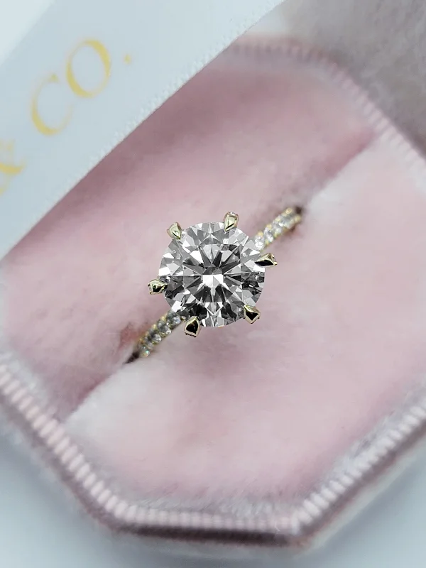 two-tone engagement rings -2.52 Carats Lab Grown Round Brilliant Cut Micropave Side Stones Accented Prongs Diamond Engagement Ring in Yellow Gold