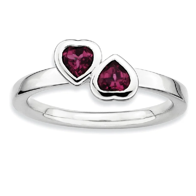 Sterling Silver Stackable Double Heart Rhodolite Garnet Ring