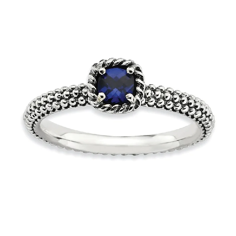 geometric rings for women -Antiqued Sterling Silver Stackable Created Sapphire Ring