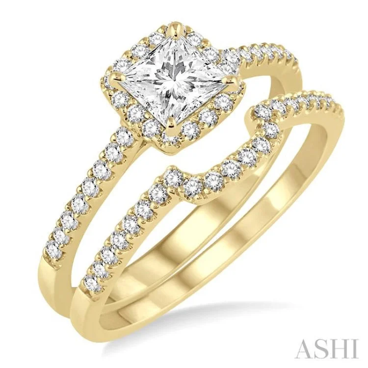 three-stone engagement rings -5/8 Ctw Diamond Wedding Set with 1/2 Ctw Princess Cut Engagement Ring and 1/6 Ctw Wedding Band in 14K Yellow Gold