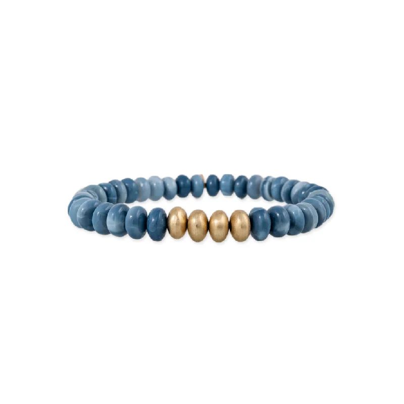 thin layering bracelets for women -4 SATIN GOLD BEADS + BLUE OPAL BEADED STRETCH BRACELET