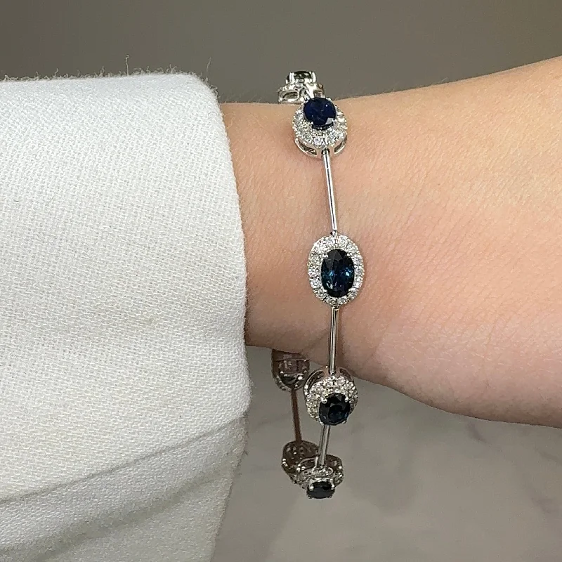 thin layering bracelets for women -Oval Shape Sapphire Featuring Diamond Halo 18K White Gold Station Set Bracelet