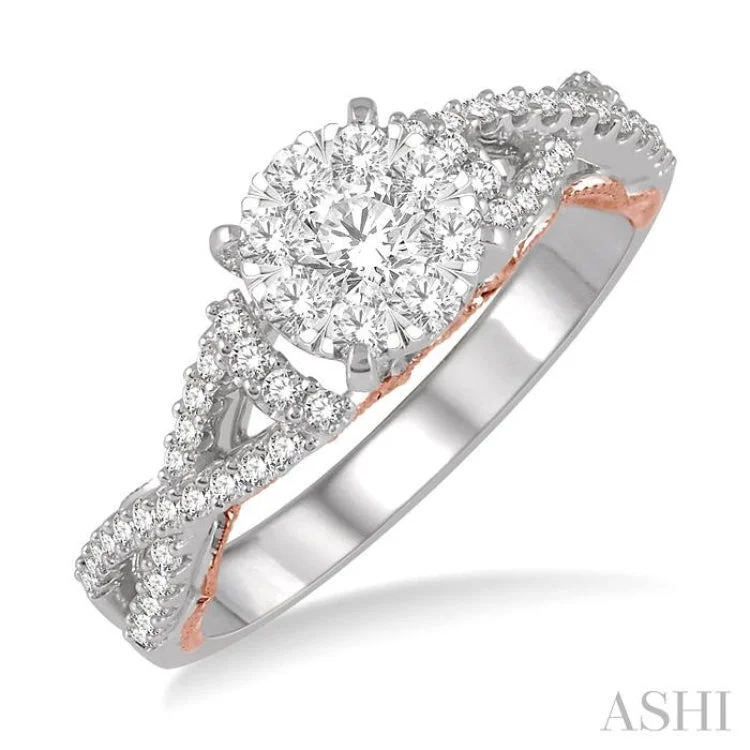 engraved engagement rings -5/8 Ctw Round Diamond Lovebright Crossover Shank Engagement Ring in 14K White and Rose Gold