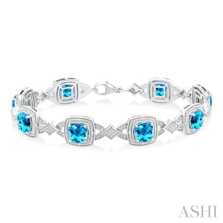 sun bracelets for women -1/10 ctw Cushion Cut 7X7MM Blue Topaz and Round Cut Diamond Semi Precious Bracelet in Sterling Silver