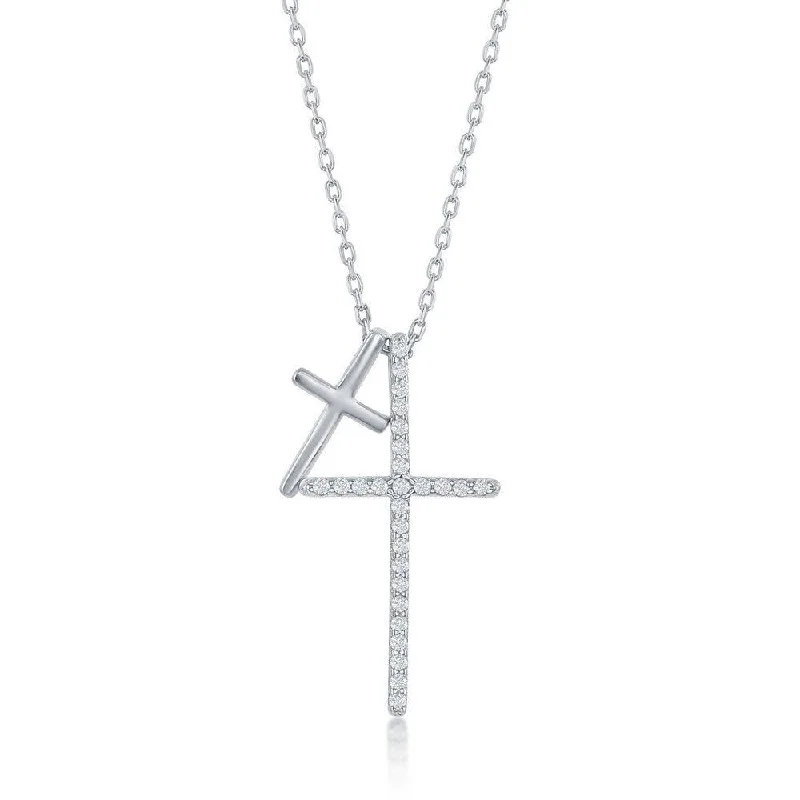 stylish necklaces for women -Sterling Silver Double Cross Cubic Zirconia Necklace