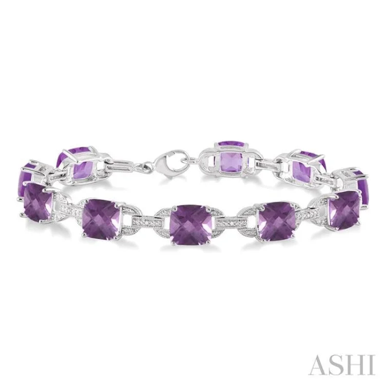 stylish silver bracelets for women -7x7 mm Cushion Cut Amethyst and 1/20 Ctw Round Cut Diamond Fashion Bracelet in Sterling Silver