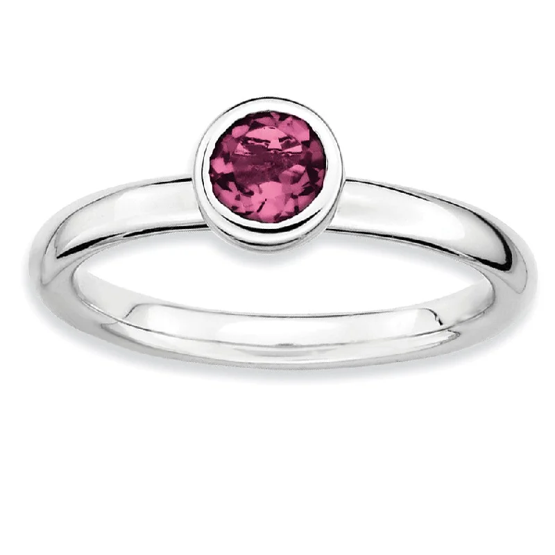 stylish rings for women -Stackable Low Profile 5mm Pink Tourmaline Silver Ring