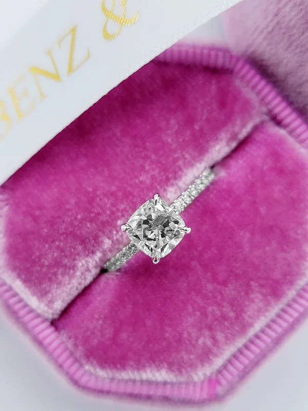 oval engagement rings -1.50 Carats Cushion Cut Micropave Side Stones Hidden Halo Diamond Engagement Ring