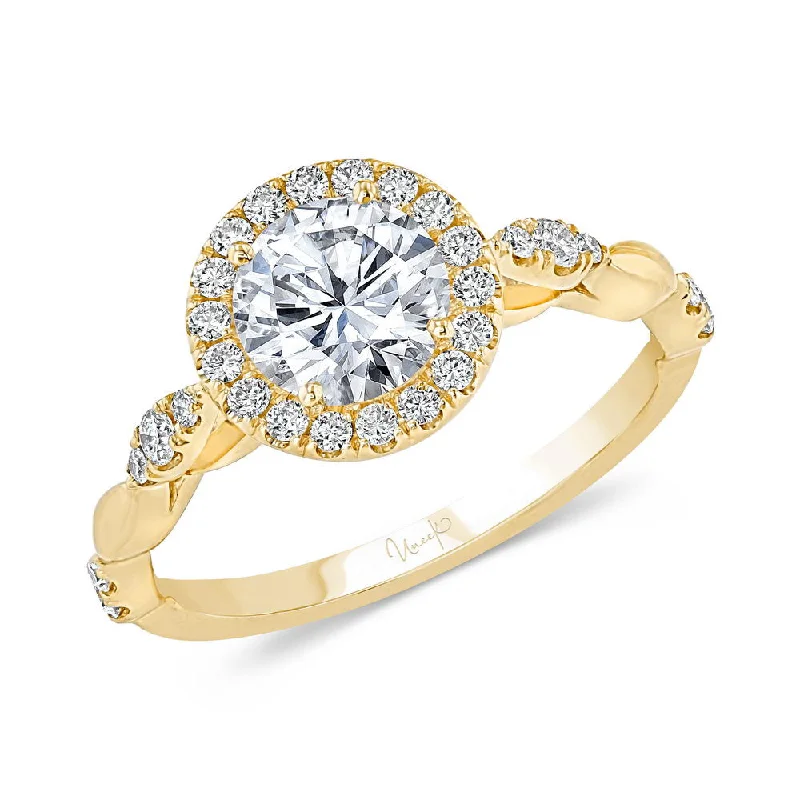 floral engagement rings -Uneek Us Collection Round Diamond Halo Engagement Ring, with Navette-Shaped Cluster Accents