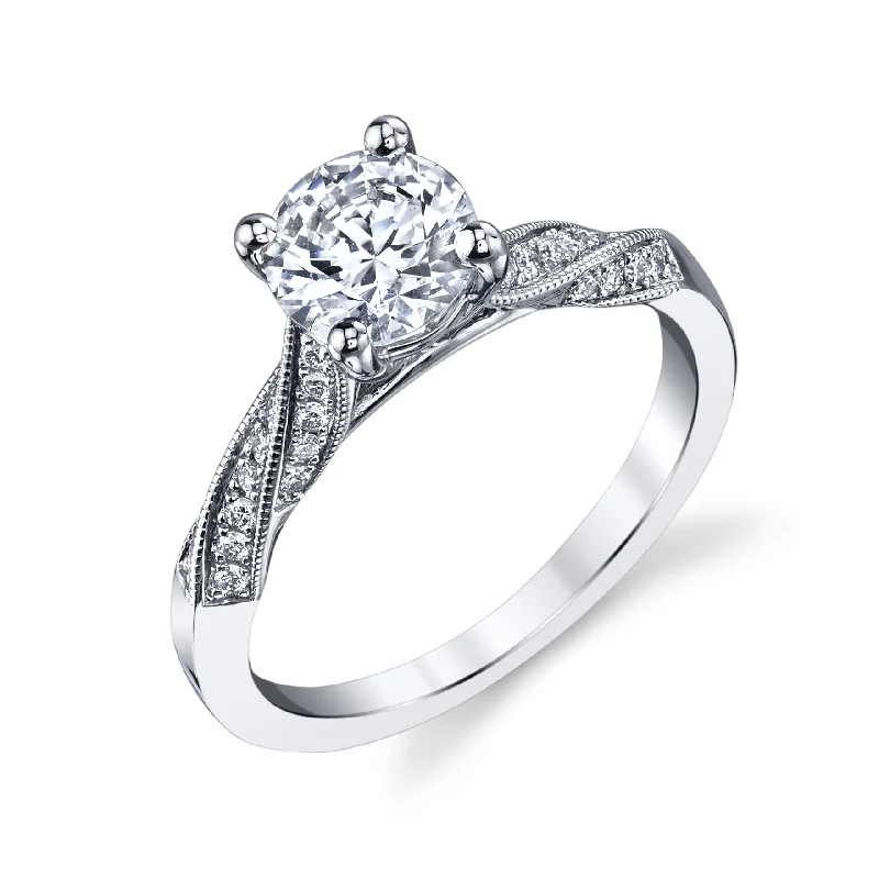 non-diamond engagement rings -14K White Gold Diamond Pave and Milgrain Twisted Shank Semi Mount Engagement Ring