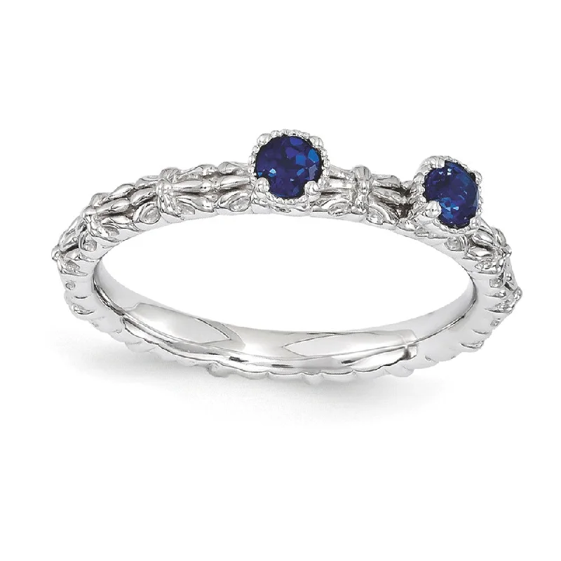 baguette rings for women -Sterling Silver Stackable Created Sapphire Round Two Stone Ring