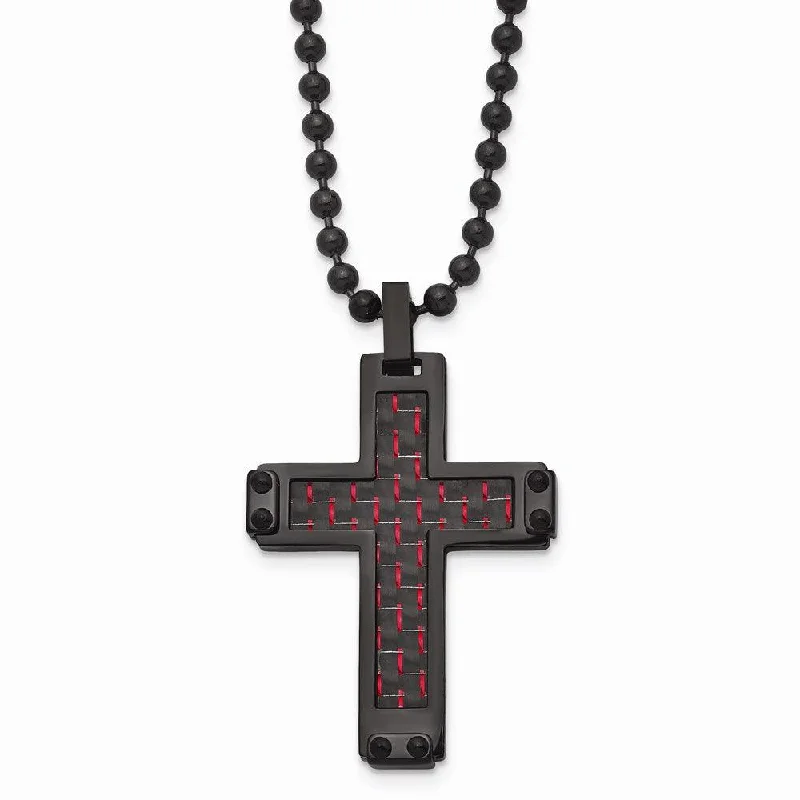 boho necklaces for women -Stainless Steel Polished Black IP Blk/Red Carbon Fiber Inlay Cross Necklace