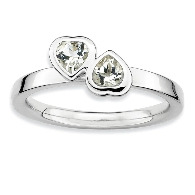 high-end rings for women -Sterling Silver Stackable Double Heart White Topaz Ring