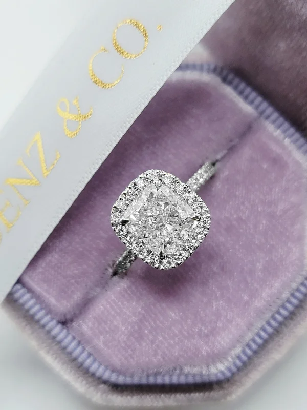 moissanite engagement rings -2.68 Carats Lab Grown Cushion Cut Micropaved Halo Side Stones Diamond Engagement Ring