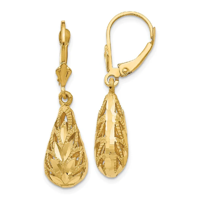 classic solitaire earrings for women -Teardrop Foliage Dangle Lever Back Earrings in 14k Yellow Gold