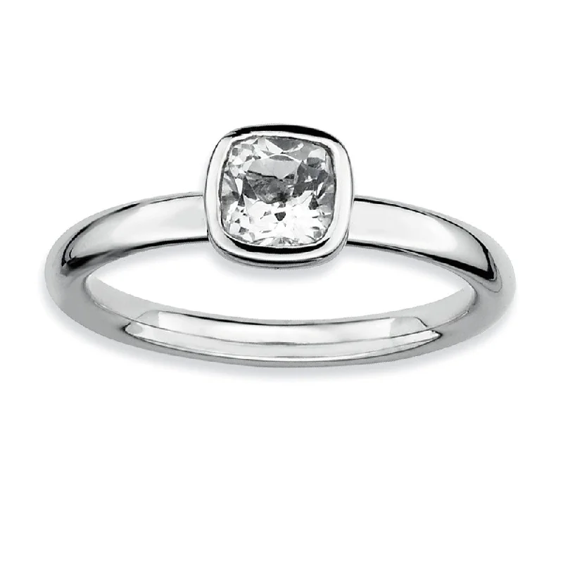 cocktail rings for women -Silver Stackable Cushion Cut White Topaz Solitaire Ring