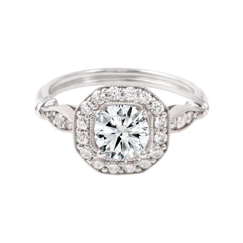 oval engagement rings -Round Diamond Squared Halo Vintage Inspired Engagement Ring