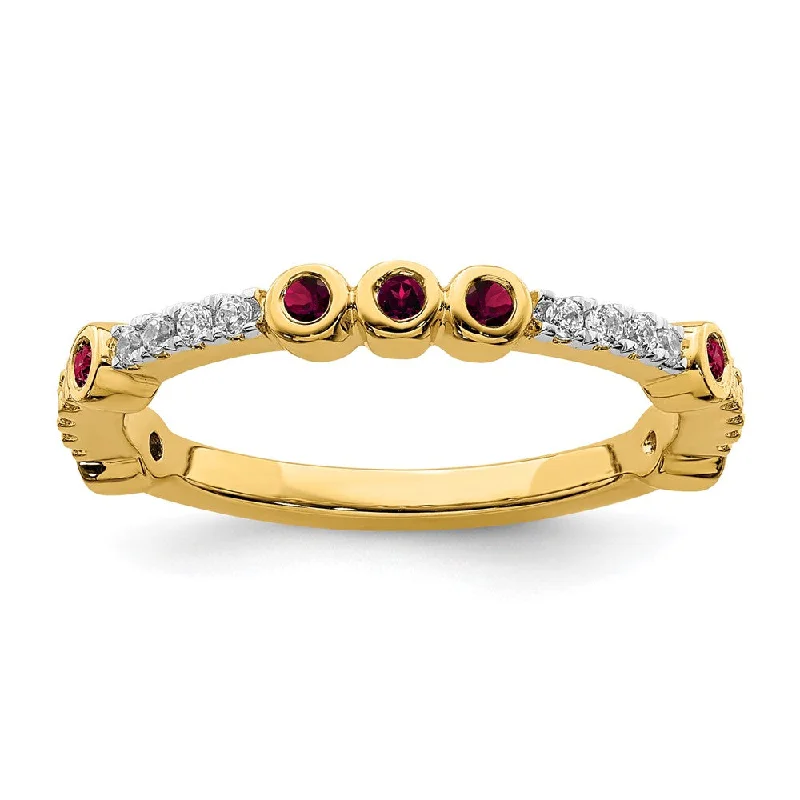 tiny stacking rings for women -2mm 14k Yellow Gold Created Ruby & .08 Ctw Diamond Stackable Band