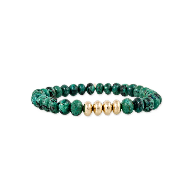 gold-plated bracelets for women -4 GOLD BEADS + CHRYSOCOLLA BEADED STRETCH BRACELET