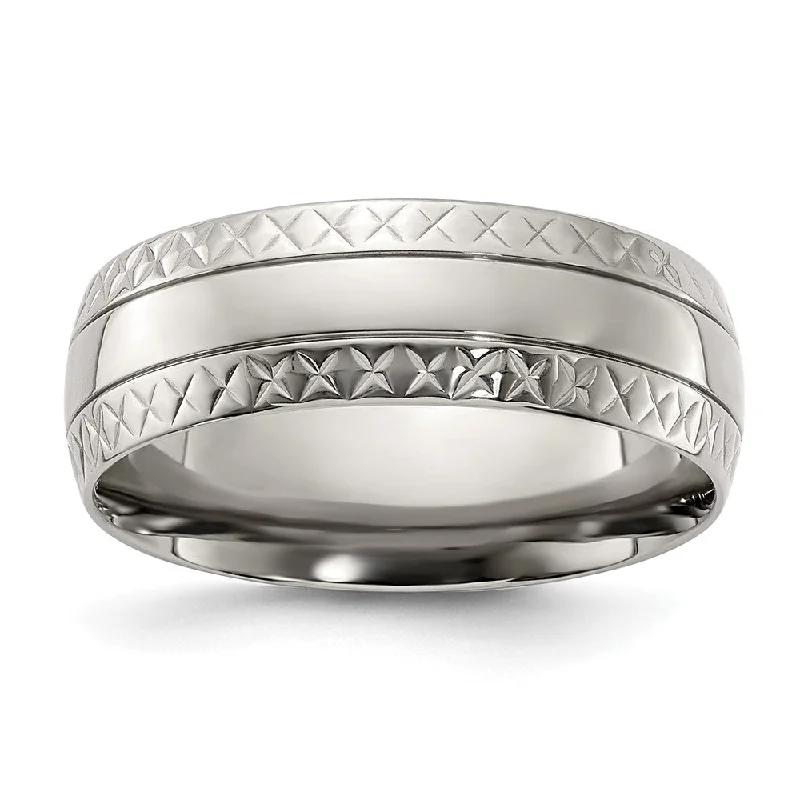 open rings for women -7mm Titanium Polished Grooved Crisscross Edge Standard Fit Band