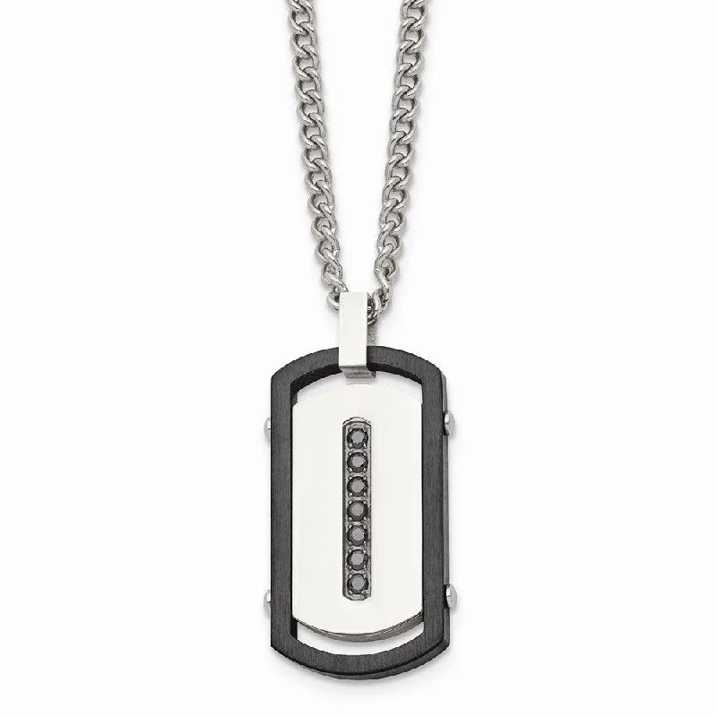 multi-layered necklaces for women -Stainless Steel Brushed/Polished Black IP Rim Black CZ Tag Necklace